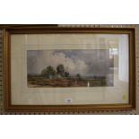 19th Century English School Lowland landscape with figure and ruined windmill oil on board 19 x 45