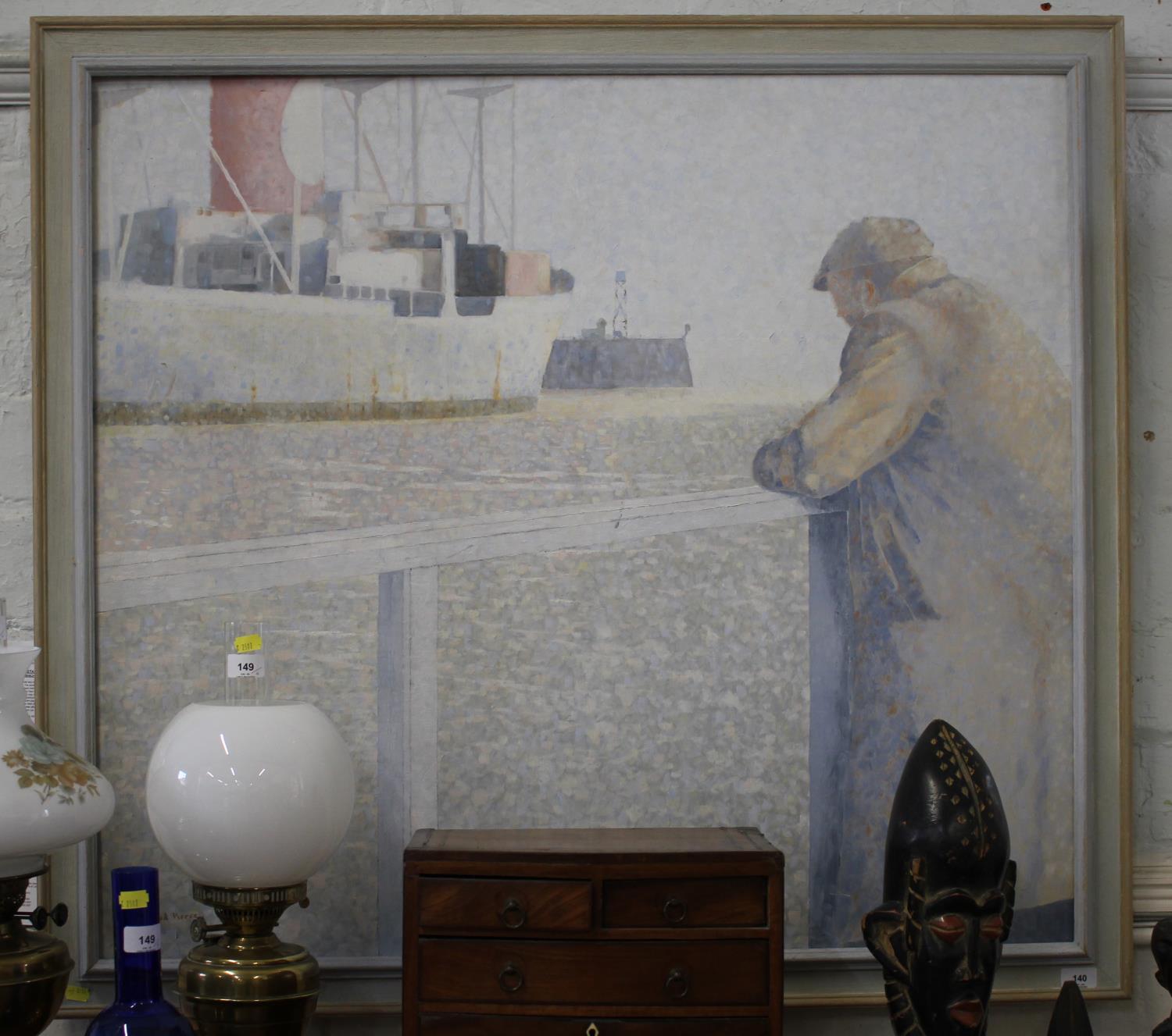 David Pierce Figure at a rail watching a passing ship oil on board signed 90 x 100 cm
