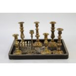 Seven 19th century Brass Candlesticks and a Chinese tray (8)