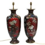 A Pair of Impressive Japanese Cloisonné Lamps. 19th century, Now fitted for electricity. Decorated