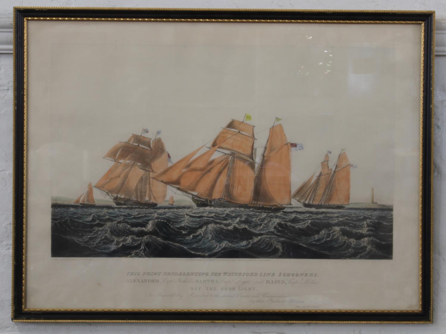 Coloured Engraving. Waterford Line Schooner. 33cm x 53cm.Framed