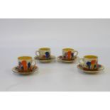 Four Clarice Cliff Tea Cops and Saucers. Bizarre Crochus pattern.