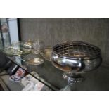 Silver plate including swing handle pierced dish 26cm, rose bowl 19cm, other items and salt spoons