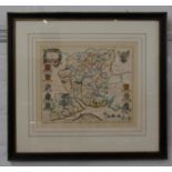 A coloured engraving of a map of Hampshire. 30cm x 37cm