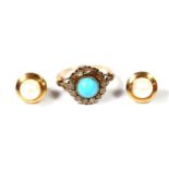 Turquoise and rose diamond ring, size O, and cultured pearl earrings