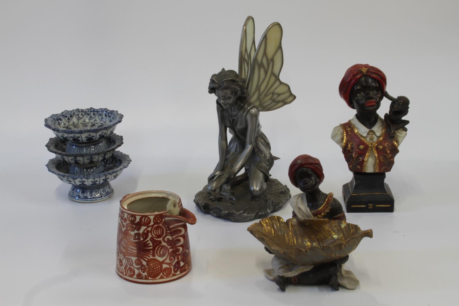 Three Bencharong tazza, two Blackmoor figures, a resin fairy and a lustre jug