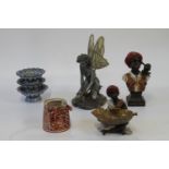 Three Bencharong tazza, two Blackmoor figures, a resin fairy and a lustre jug