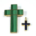 A 9 carat gold cross set with malachite and a blue stone cross (possibly sapphire)