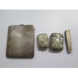 A silver cigarette case, 120 grms, two silver plated vestas and a white metal penknife