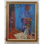 Oil on Canvas. Signed bottom left. Fernando Mercado. Blue lady standing next a jug with flowers.