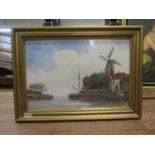 Jan van Couver (Aka. Hermanus Koekkoek II). (1836-1909) Dutch water . Canal with windmill. Signed