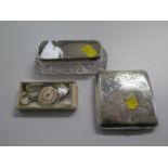 A silver cigarette case with brightwork decoration, 96 grms, together with a silver topped jar and a