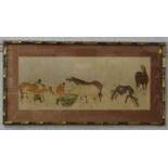 A Japanese Print. Possible Meiji period. Tending the horses. 30cm x 76cm.Framed