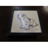 After Cecil Aldin. A Decorated Tile. Signed and sketched with a puppy. 12cm square. Framed. A