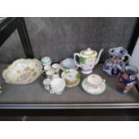 A Masons Ironstone jug, Imari vase, tea wares including Minton and famille-rose teapot