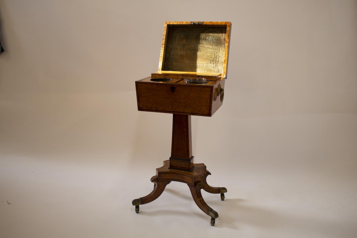 A Fine George III Birds Eye Maple Teapoy. The hinged cover opening to reveal two lidded compartments - Image 2 of 3