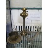 A brass column table lamp 48cm, pair of metal pheasants, a brass bowl and a brass dish