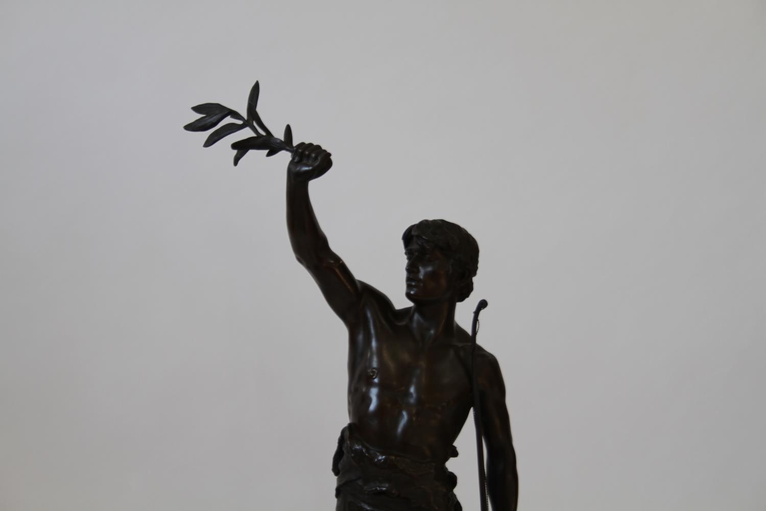 Eugene Marioton. A Good French Bronze Statue of an Archer. Shown holding a loft a laurel leaf. - Image 2 of 2