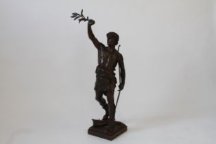 Eugene Marioton. A Good French Bronze Statue of an Archer. Shown holding a loft a laurel leaf.