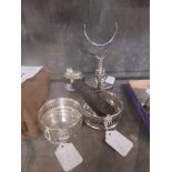 A pair of silver-plated wine coasters, Brandy warmer, rasp and a cylindrical box (5)