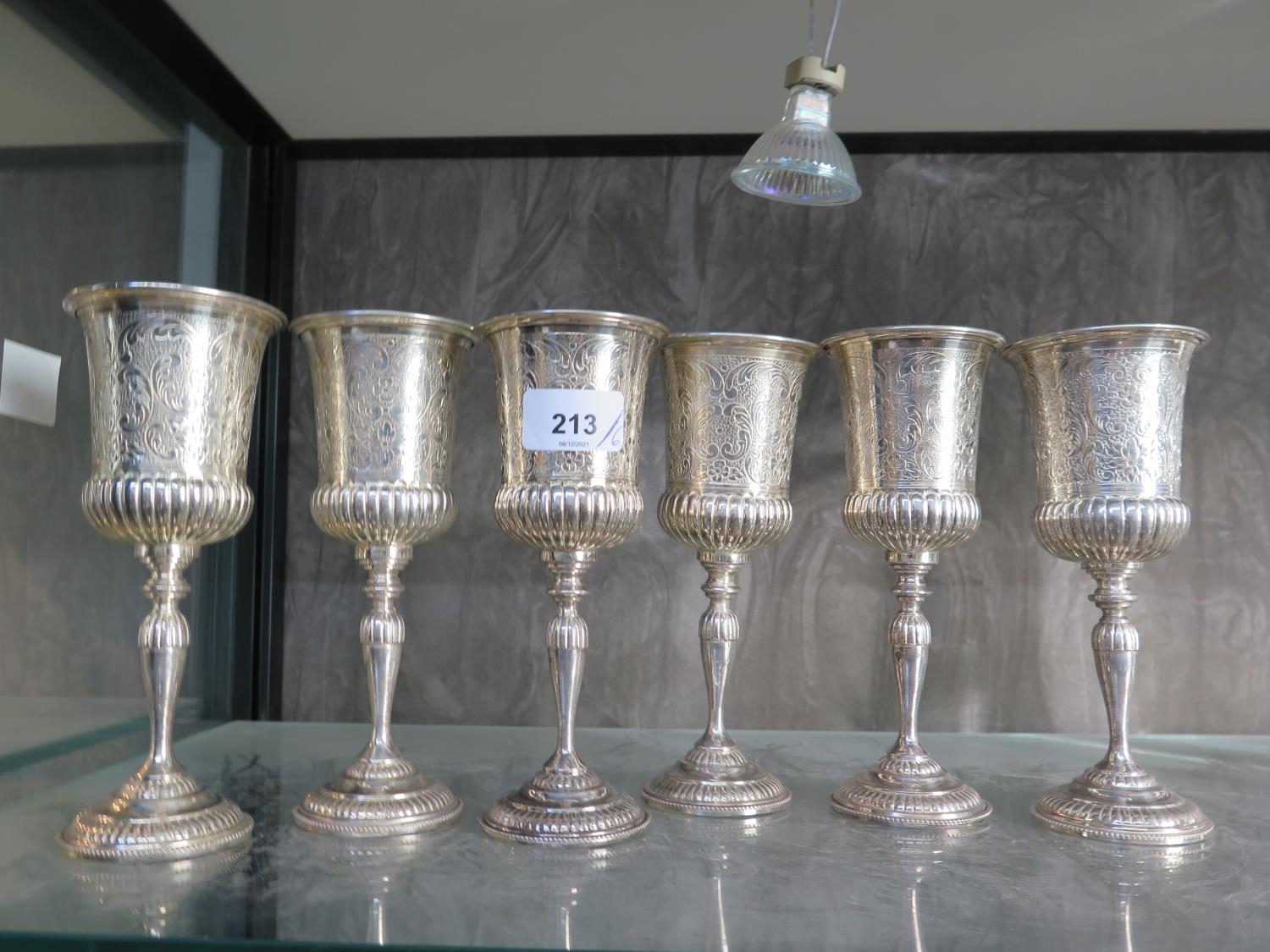 A set of six silver-plated wine goblets with flared bucket bowls 18cm (6)