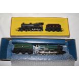 Hornby LMS 690 lined black locomotive and tender, Hornby GW Kneller Hall 5934 green locomotive and