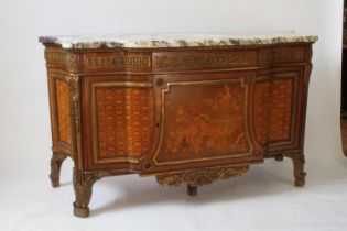 An Ornate French Parquetry Calcetta Marble Top Commode. Circa 1890. In Louis XV Style, Fitted with a