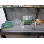 A Murano green, blue and clear tri-lobed glass bowl, 18cm diameter, mottled glass handbag, 21cm,