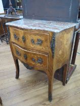 A Louis XVI French Marble top Marquetry Commode. Late 18th century. Of small proportions. In