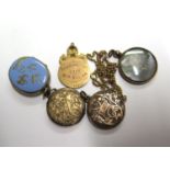 Three lockets (one Masonic), a gold medal and a round photograph fob