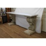 A massive late 18th century Console table. Of architectural proportions. The wooden base carved in