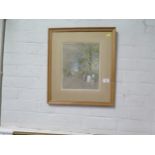 Four Pictures. A Watercolour signed Geoffrey P. Oil on board, Swans on a lake. Coloured print