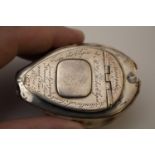 A Scottish Cowrie Shell Snuff box The Sterling mounts engraved with an inscription and date. "From