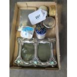A silver plated Edwardian ladies purse, five patch boxes and an art nouveau twin picture figure (7)