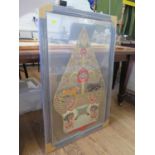 Two-sided background figure used in Indonesian puppetry. Framed and mounted between two sheets of