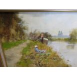 John Haskins. Oil on Board. Fisherman by a Canal. 55.8cm x 44cm. Framed. Artists details on reverse