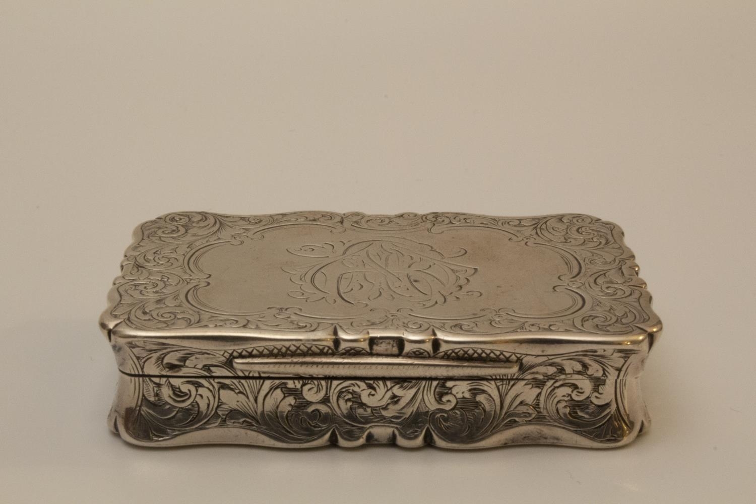 A Victorian Sterling Silver Table Snuff Box. Frederick Marson. Birmingham 1859. Engraved with a