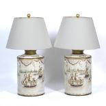 A PAIR OF PAINTED TOLEWARE CANISTER LAMPS each 27cm diameter x 44cm high excluding the shades