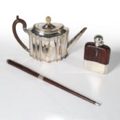 AN EARLY TO MID 19TH CENTURY SILVER PLATED TEAPOT with carved wooden handle and engraved with owners