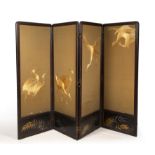 A LATE 19TH / EARLY 20TH CENTURY JAPANESE FOUR FOLD SCREEN with black lacquered frame, the panels