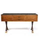 AN EARLY TO MID 20TH CENTURY CONTINENTAL ART NOUVEAU STYLE GREEN MARBLE TOPPED WALNUT VENEERED