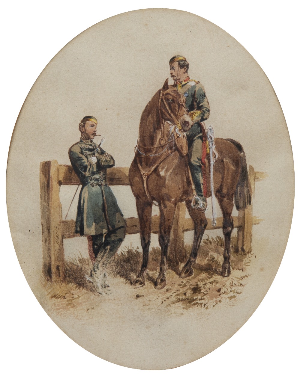 ORLANDO NORIE (1832-1901) British Hussars in mess kit, watercolour, unsigned, 17cm x 13cm (oval)