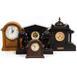 TWO LATE 19TH CENTURY SLATE MANTLE CLOCKS and two further mantle clocks, the largest 44cm wide x