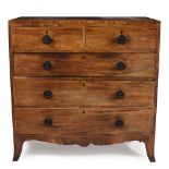 A 19TH CENTURY MAHOGANY CHEST OF TWO SHORT AND THREE LONG DRAWERS with turned ebonised handles and