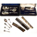 A SILVER MANICURE SET in a fitted case with silver lidded glass box, nail buffer, file and quick