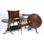 A GEORGE III OAK BOW FRONTED CORNER CUPBOARD, an Edwardian mahogany etagere, two tripod tables, a