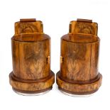 A PAIR OF ART DECO STYLE BURR WALNUT VENEERED CYLINDRICAL BEDSIDE CABINETS each 60cm wide x 47cm