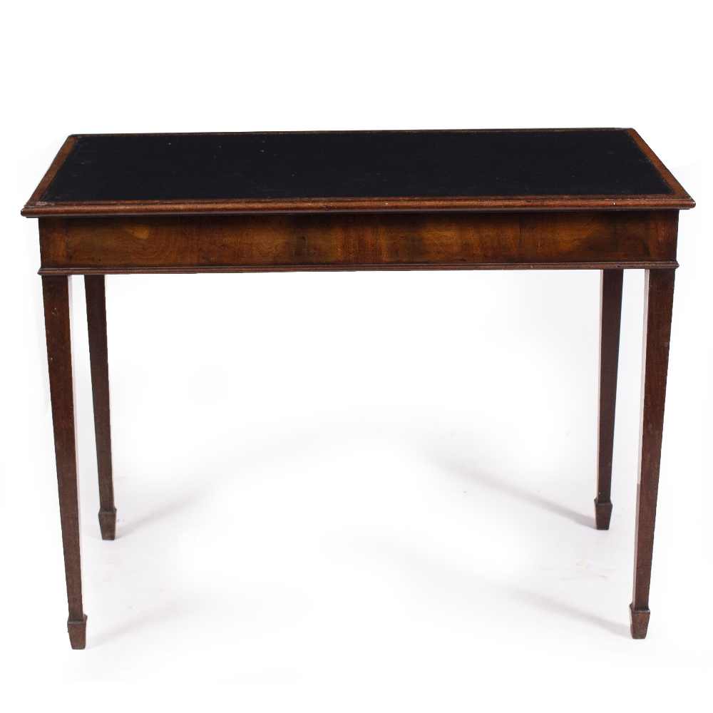 A 19TH CENTURY MAHOGANY SIDE TABLE with a black leather inset top and square tapering legs