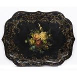 A VICTORIAN PAPIER MACHE TRAY with flower decoration and serpentine edge, 79cm wide x 61cm deep