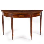 A GEORGE III MAHOGANY AND SATINWOOD INLAID DEMILUNE SIDE TABLE with square tapering legs, 117cm wide